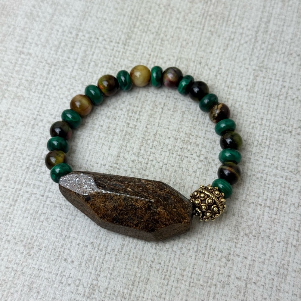 Malachite Tigers Eye Beaded Stretch Bracelet with Bronzite Focal Bead
